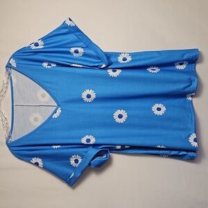 Women's 3X Pullover Shirt V-neck Blue with Daisy Print T9